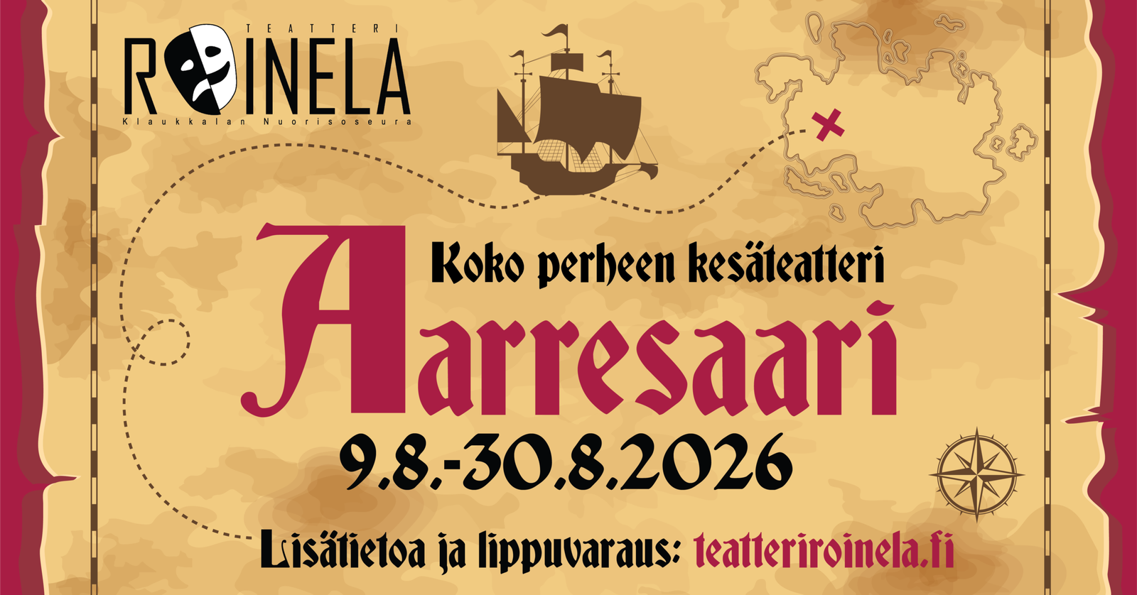Teat­te­ri Roi­ne­lan kesä­teat­te­ris­sa tänä vuon­na Aar­re­saa­ri – liput nyt myyn­nis­sä!