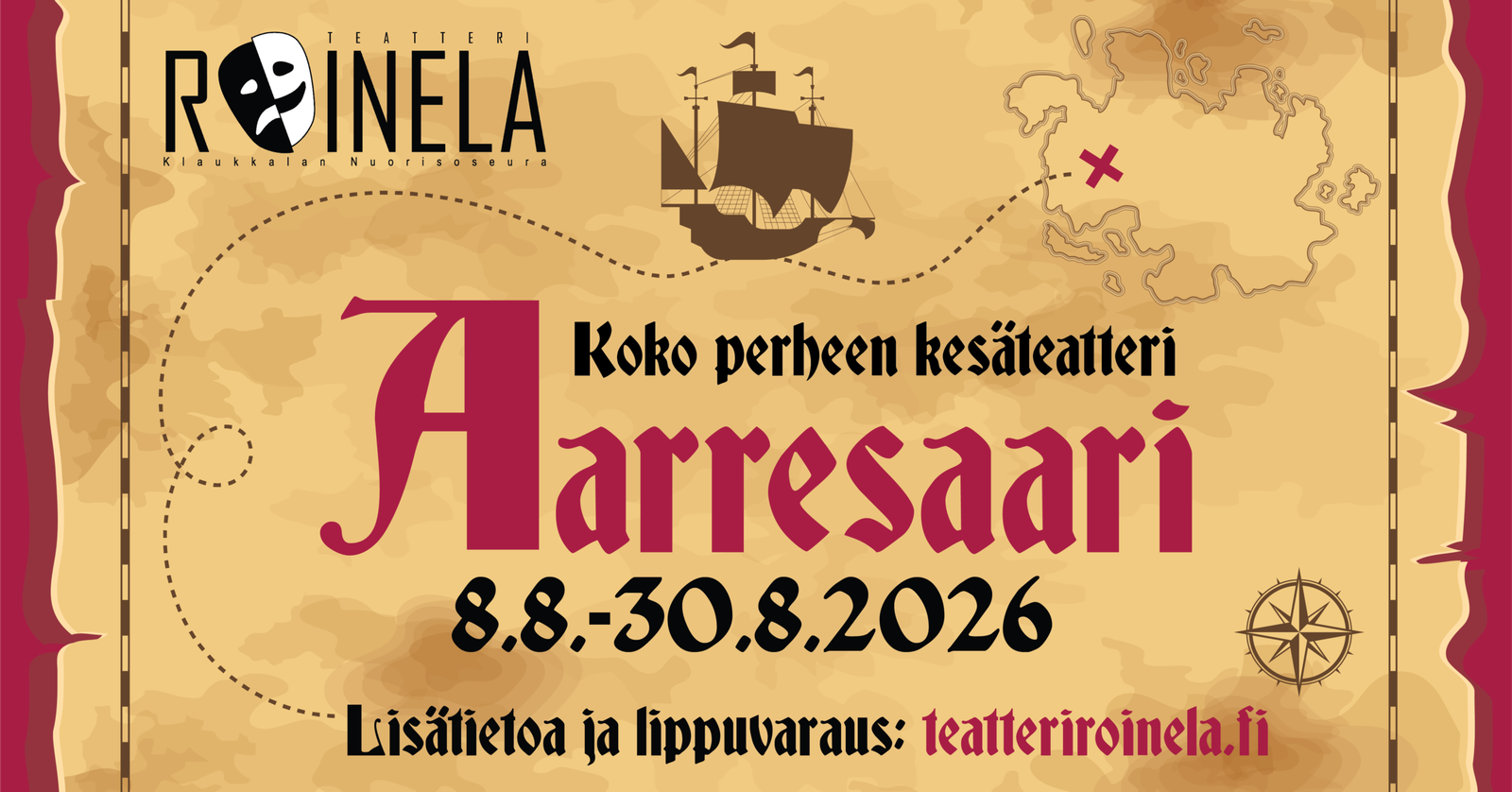Teat­te­ri Roi­ne­lan kesä­teat­te­ris­sa tänä vuon­na Aar­re­saa­ri – liput nyt myyn­nis­sä!